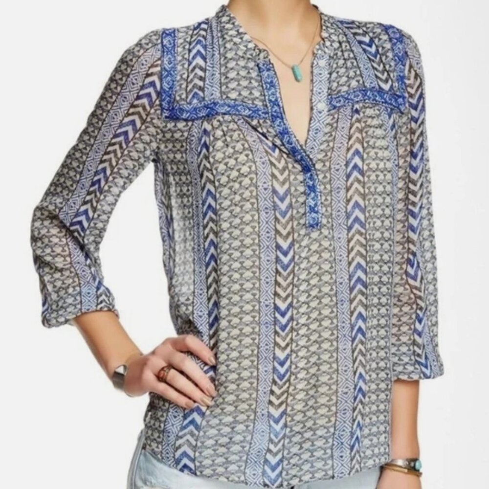 Lucky Brand Mixed Print Beaded Peasant Top Blue/White